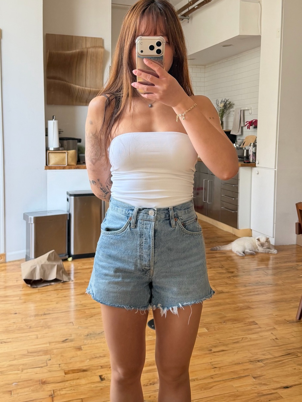 Re/Done Light Blue High-Rise Frayed Hem Jean Shorts